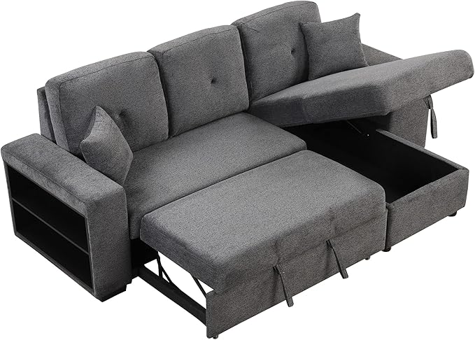 Reversible Sleeper Sectional Sofa with Side Shelf and 2 Stools Pull-Out L-Shaped Sofa Bed with Storage Chaise Left/Right Hande Corner Sofa-Bed for Living Room (Black+Blue + Velvet + Foam-01)
