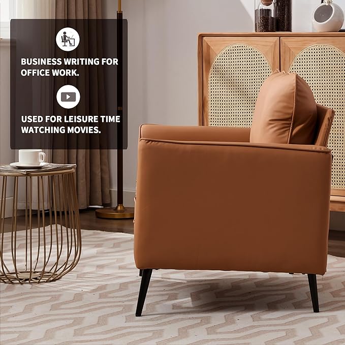 YISHENG Mid-Century Modern Living Room Accent Chairs Set of 2 - Oversized Faux Leather Armchairs with Removable Cushions &amp Metal Legs Comfortable Sofas for Office/Lounge/Bedroom/Reception（Brown）