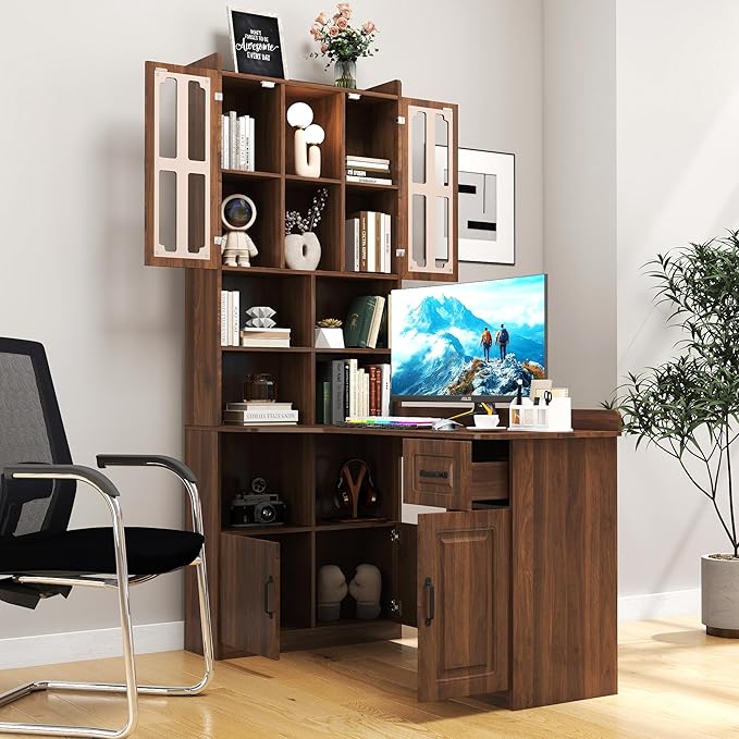L-Shaped Corner Computer Desk for Home Office 52'' Writing Study Desk with Drawer &amp Bookshelf &amp Hutch Corner Gaming Computer Table with Storage Walnut