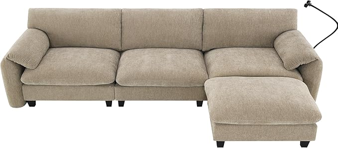 108 Modular Sectional Sofa L-Shape Upholstered Couch with Free Movement Ottoman Phone Holder and 2 Side Storage Pockets 31.5 Extra-Wide Seat Cushion Striped Chenille (Light Khaki+Beige/511)