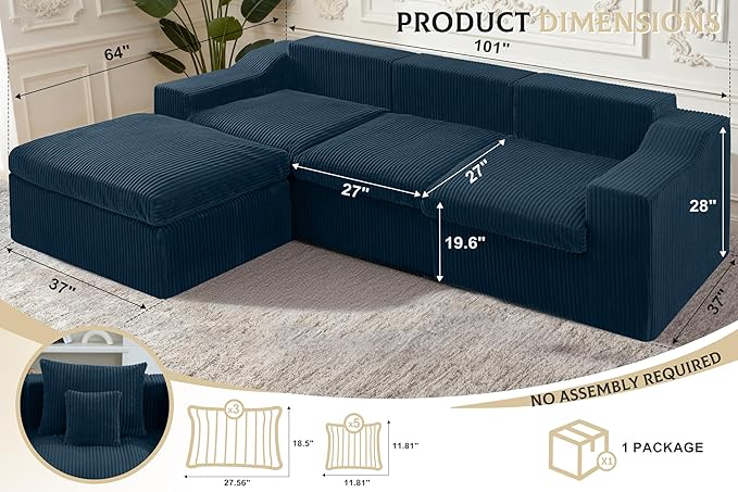 101 Modular Couch Sectionals with Ottoman Big Comfy Cloud Couches L Shaped 4 Seat Modular Sectional Sofa Sectional Double Cushion Couches with Deep Seat for Living RoomNo Assembly Required(Blue)