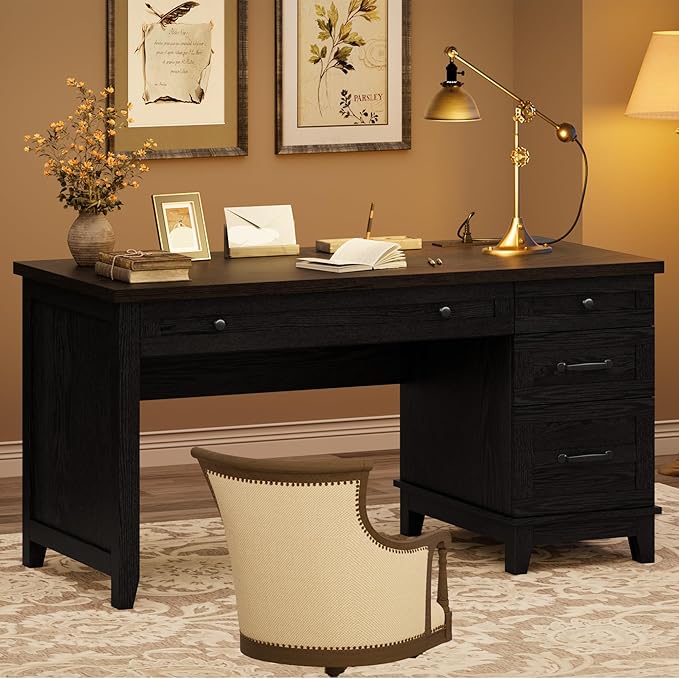 53.5 Farmhouse Home Office Desk with File Cabinet Wooden Executive Desk with Power Outlet Work Desk with Drawers Traditional Wood Desk for Home and Office Black