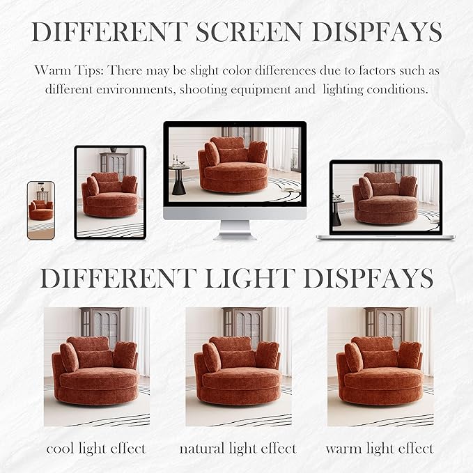Aoiy &amp Wifon 50'' W Oversized Swivel Barrel Chair Terracotta Swivel Accent Chair for Living Room Round Oversized Arm Chair with 4 Pillows Deep Seat &amp Extra Wide Chenille