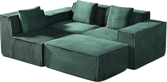 Rowan Convertible Corduroy Sectional Couch with Ottoman &amp Pillows Modular L Shaped Sleeper Sofa Boneless Cloud Couch for Living Room Furniture Dark Green
