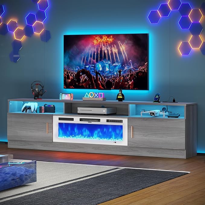 MXV 78 Fireplace TV Stand with Power Outlet for TVs UP to 90 Electric Fireplace Entertainment Center with LED Lights &amp Storage Cabinets TV Console for Living Room Office Grey-White