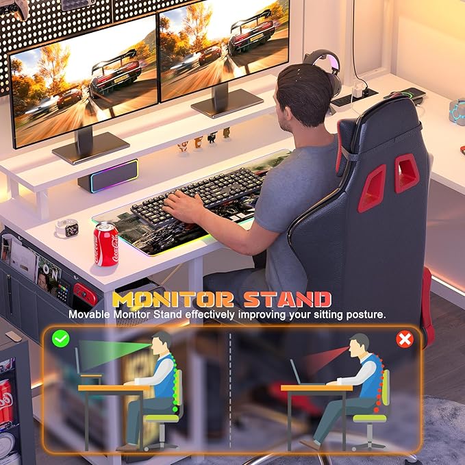 Aheaplus Small L Shaped Desk with Charging Port &amp LED Strip Reversible L-Shaped Gaming Desk Computer Desk with Monitor Stand &amp Storage Shelf Corner Desks Home Office Desk with Storage Bag W