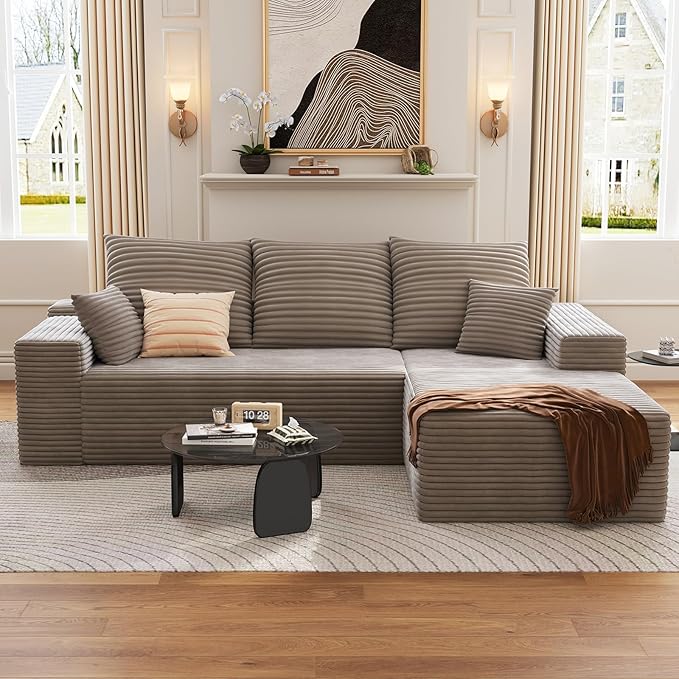 107 Cloud Sectional Couch with L-Shape Chaise Modern Modular Sofa with Deep Seat Corduroy Upholstered Couches for Living Room BedroomNo Assembly Required(Camel Right Facing)