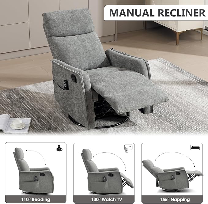 Swivel Rocker Recliner Chair 360° Swivel Recliner with Heat and Massage Rocker Recliner Easy to Clean Nursery Glider Recliner Chair with Side Pockets for Living Room Light Grey