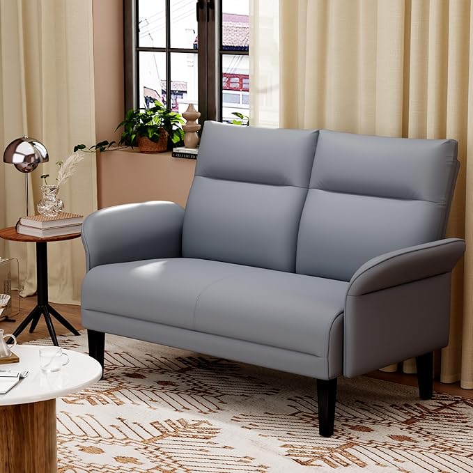 Yongchuang Small Couch 46 Grey Faux Leather Loveseat Sofa for Living Room Bedroom Love Seat Mini Couch with Arm Rest
