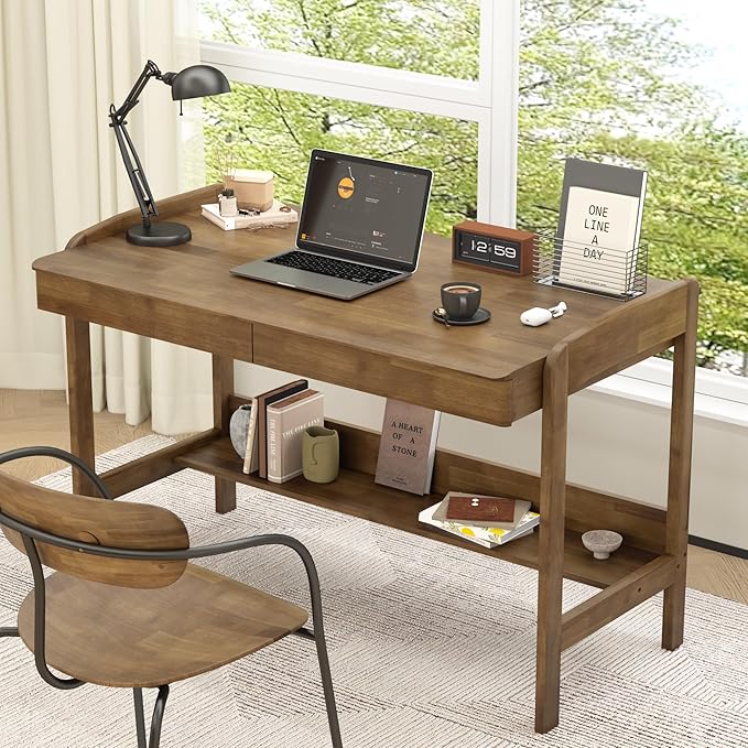 Solid Wooden Desk with Drawers &amp Shelf - 40 x 24 Inch Vintage Writing Desk with Drawers Mid Century Modern Desks Adjustable Height Study Table Home Office Computer Desks for Any Room