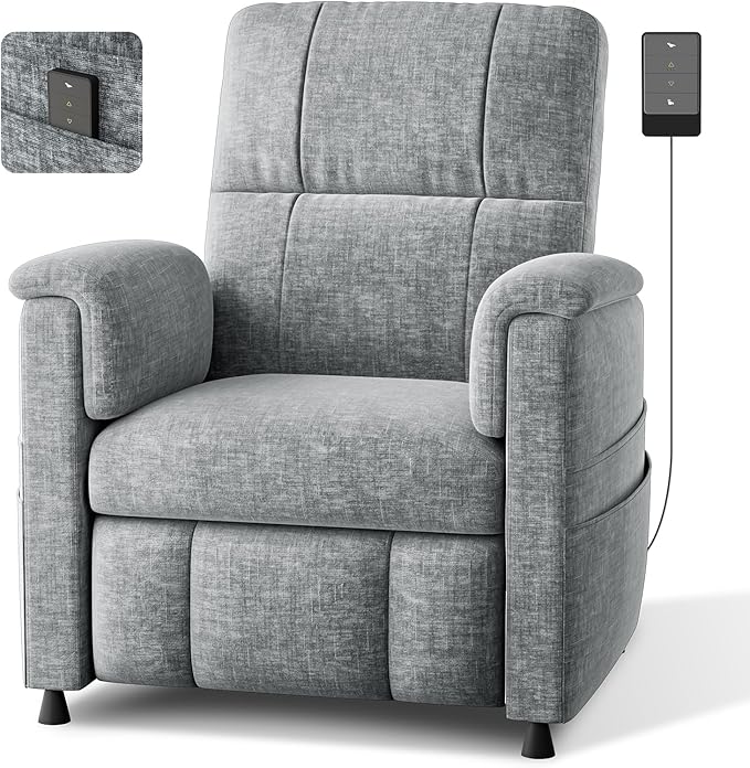 Pipishell Power Recliner Chair for AdultsElectric Recliner with Remote Adjustable Recline/Footrest Chenille FabricThick Seat Cushion Small Recliner for Living Room Home Theater Grey