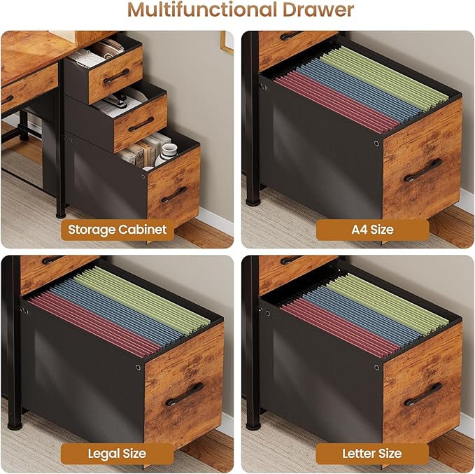 SEDETA Computer Desk with 5 Drawers and Bookshelf Reversible Home Office Desk with Storage Shelves and File Drawer Gaming Corner Desk with LED Lights for Small Spaces Rustic Brown