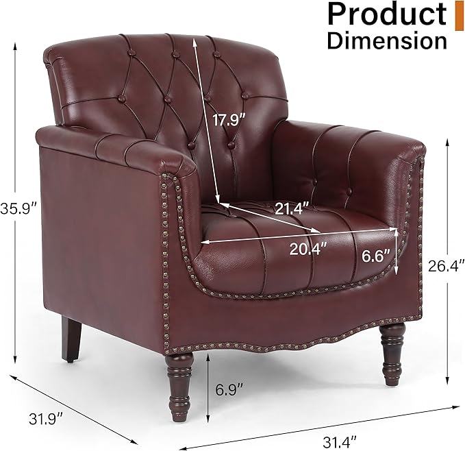 Faux Leather Club Chairs Set of 2 Retro Upholstered Armchair Accent Chair with Solid Wood Legs &amp Nailhead Trim for Living Room/Reading Room Dark Red