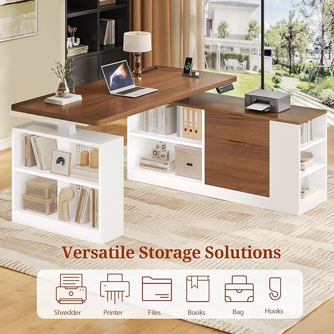 L Shaped Standing Desk Adjustable Height 53 Electric Office Desk with File Drawers &amp Storage Shelves Sit Stand Corner Computer Desk with Power Outlets Pegboard 6 Hooks White&amp Walnut