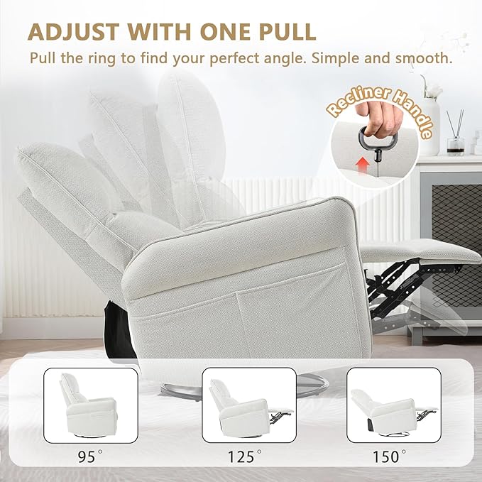 cinkehome Swivel Rocker Recliner Glider Rocker Recliner Chair for Nursery Overstuffed Manual Reclining Chair for Small Spaces Living Room Beige Snowflake Fleece