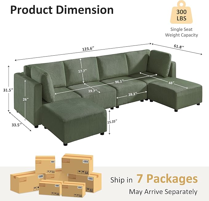 U Shaped Modular Sectional Sofa with Ottomans 123.6 Corduroy Sectional Sofa with Chaise 6 Seater Convertible Modular Sleeper Sofa Bed Free Combination Couch for Living Room Apartments