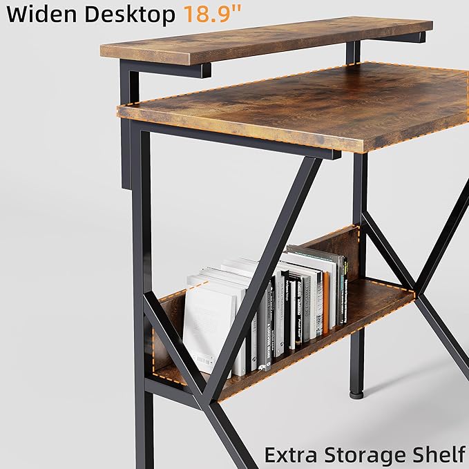 COTUBLR Small Desk 27.5 Inch Small Computer Desk for Small Spaces Computer Desk with Adjustable Monitor Stand Compact Desk with Storage Tiny Desk Study Desk for Bedroom Home Office Rustic Brown