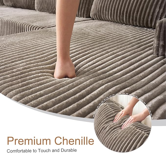 130'' U Shaped Cloud Sectional Couch Modular Boneless Couch for Living Room Corduroy Fabric Cloud Sofa with Supported Pillows and 2 Cup Holders No Assembly Brown