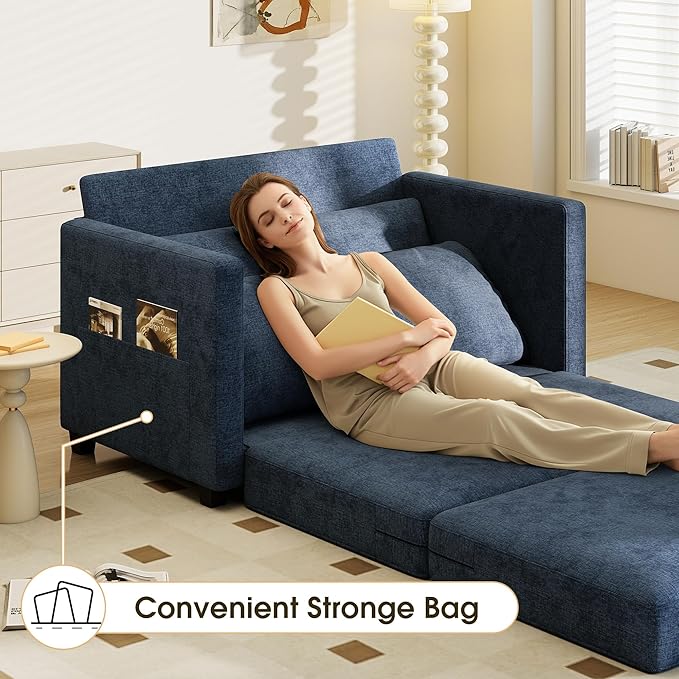 51 Convertible Sofa Bed 2 in1 Folding Sofa Bed Loveseat Sleeper Sofa for Small Spaces Fold Out Floor Couch with 2 Pillows for Apartment Living Room &amp Guest Room Deep Blue Chenille Fabric