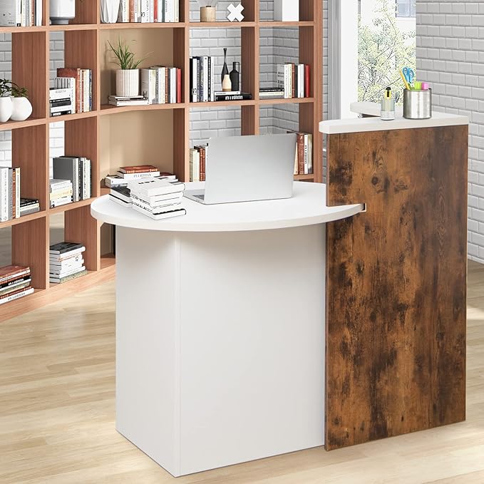 Reception Desk Front Desk Reception Counter with Oval Desktop Open Shelf &amp Lockable Drawer Small Retail Checkout Counter Table Wood Computer Workstation for Home Office Lobby &amp Salon