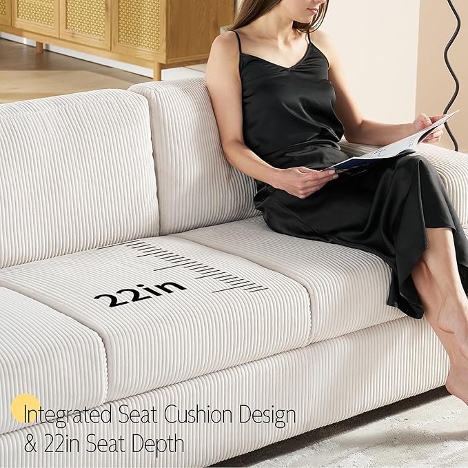 VanAcc 89in Comfy Couch 3 Seater Sofa with Wood Legs Deep Seat Sofa- White Corduroy Modern Couch for Living Room