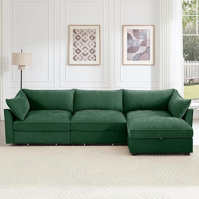 Aoowow Modular Sectional Sofa with Pullout Storage Seat 112.6” L-Shaped Chenille 3-Seat Sofa Couch with Storage Ottoman Upholstered Deep Couches for Living Room Apartment OfficeGreen