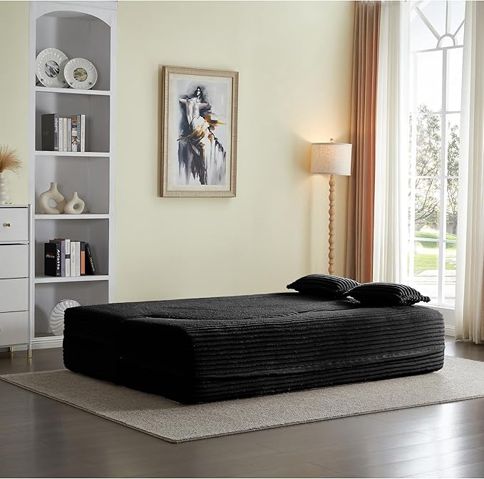 2 in 1 Folding Floor Couch Sofa Bed with 2 Pillows Convertible Sleeper Sofa Modern Full Mattress for Living Room Guestroom Plush Corduroy Floor Sofa BedNo Assembly RequiredBlack