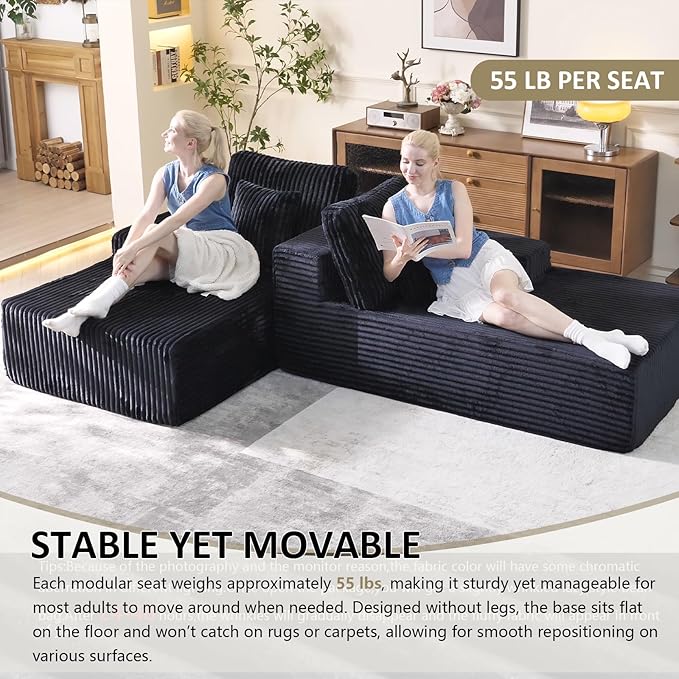 Oversized 79” Double Chaise Lounge Sofa Bed Deep Seat Corduroy Cloud Loveseat Chair No Assembly Plush Upholstered Sleeper for Living Room or Bedroom (Black)
