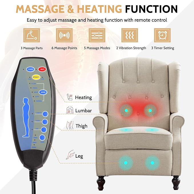 BINGTOO Push Back Recliner Chair with Massage and Heat Mid Century Tufted Fabric Wingback Chair with Rivet Decoration for Living Room Bedroom Beige 2 Chairs