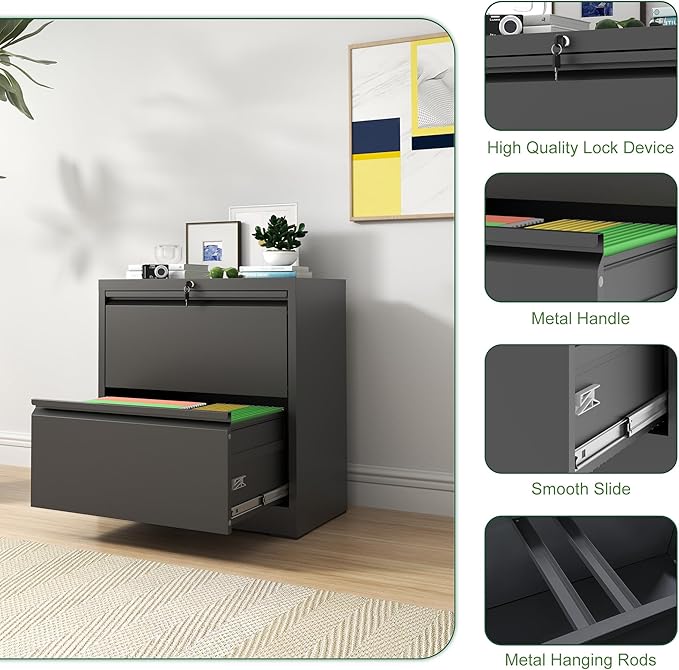 2 Drawer File Cabinet with Lock Small Filing Cabinets for Home Office Modern Farmhouse Under Desk Storage Cabinet Organizer with Locking DrawersBlack