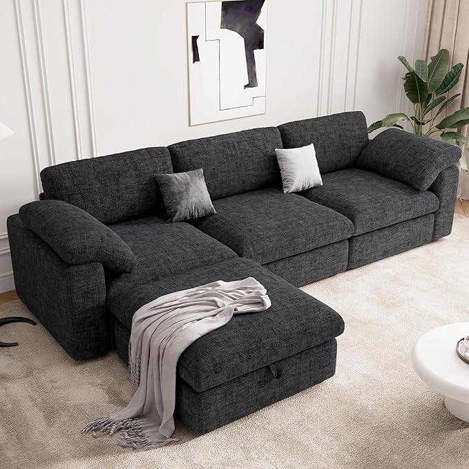 118 Oversized Modular Sectional Sofa L Shaped 3 Seaters with Storage Ottoman Cloud Couch Sofa Set Modern Convertible Chenille Deep Seat Sectional Couches for Living Room Black 1 PCS
