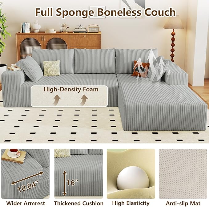 96 Modular Sectional Couch Boneless L Shaped Cloud Sofa with Chaise Lounge Corduroy Upholstered Couches Memory Foam Deep Seat No Assembly Required Ideal for Living Room(Light Gray Right Facing)