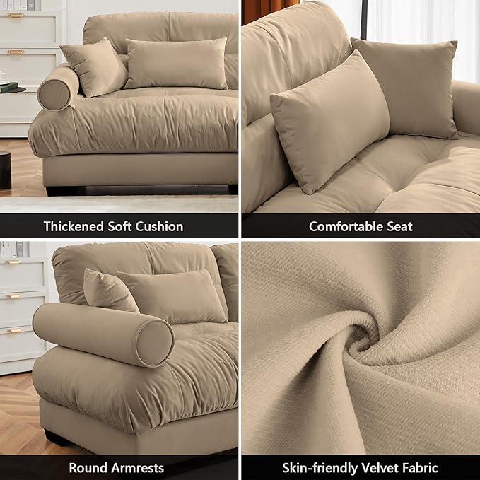 Oversized Modular Sectional Sofa 130 Inch Comfy Velvet Cloud Couches for Living Room Office 3-Seater Sofa with 5 Pillows Round Bolster Armres Camel