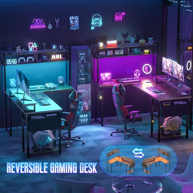 Small L Shaped Gaming Desk with Power Outlets 48 Reversible L Shaped LED Computer Desk with Monitor Stand &amp Storage Shelf Corner Gamer Desk Home Office Desk with Storage Bag Rustic Brown