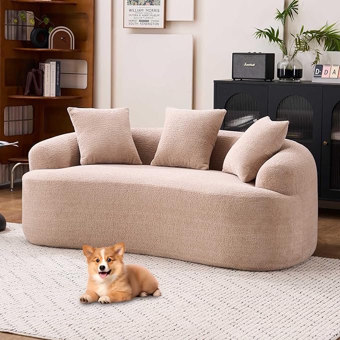 65” Warm Beige Curved Couch&amp Loveseat Sofa with 3 Pillows Compression Couch with Round Armrest Suitable for Small Space Bedroom Living Room Memory Foam Chenille No Assembly (Warm Beige)