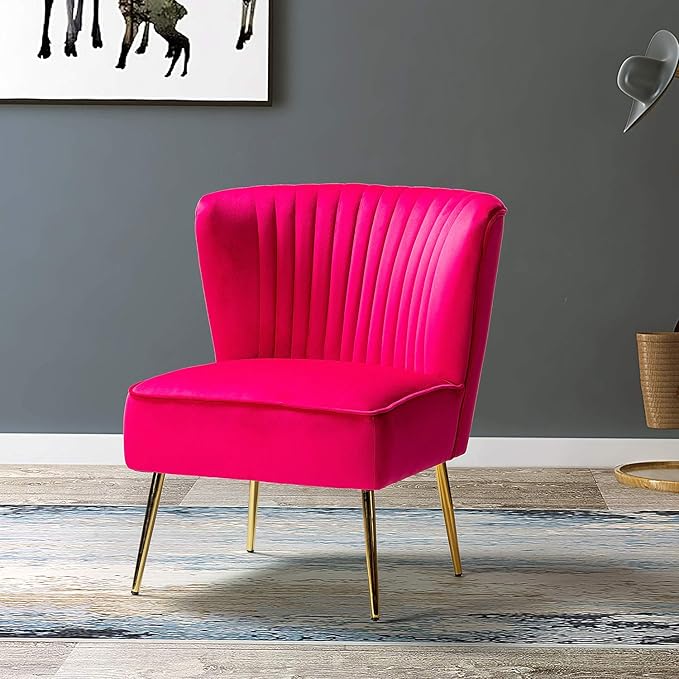 TINA'S HOME Modern Accent Chair Velvet Slipper Chair with Wingback Gold Legs Comfy Upholstered Fabric Armless Side Chair for Living Room Bedroom Vanity/Fuchsia