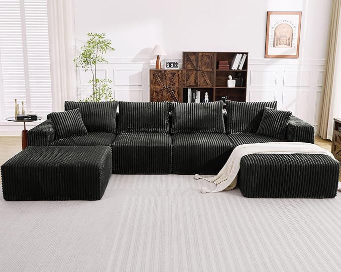 Ihanherry 139.37 Cloud Modular Sectional Couch Sofa with U-Shape Chaise and Big Ottoman with Deep Seat Upholstered Couches for Living RoomNo Assembly Required Plush Corduroy Fabric (Black)