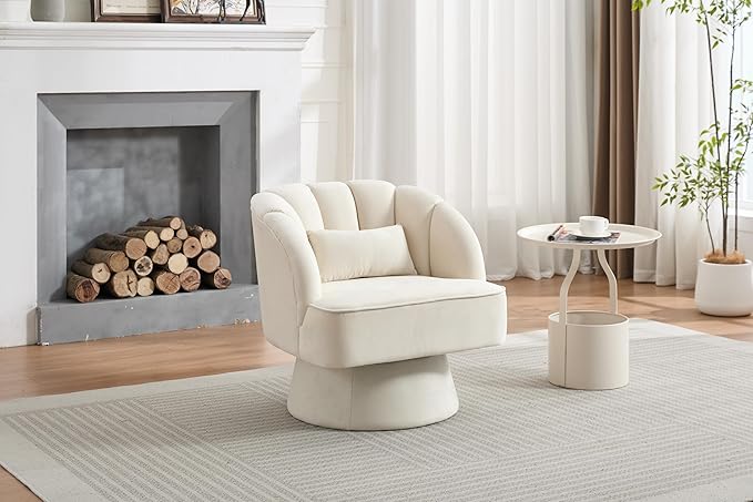 GarveeHome Modern Swivel Barrel Accent Chair 360 Degree Velvet Upholstered Armchair with Striped Backrest &amp Plush Padding Comfy Round Lounge Chair for Living Room Bedroom Reading Nook Beige