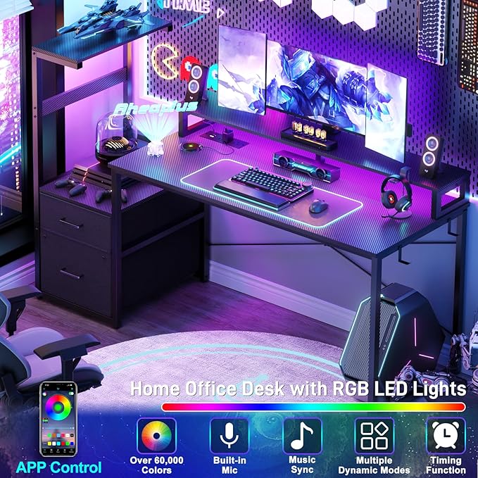 Aheaplus Gaming Desk with LED Strip &amp Power Outlet 59Inch Reversible Computer Desk with Monitor Stand &amp Storage Shelves Home Office Desks with Fabric File Drawer PC Gamer Table Carbon Fibe
