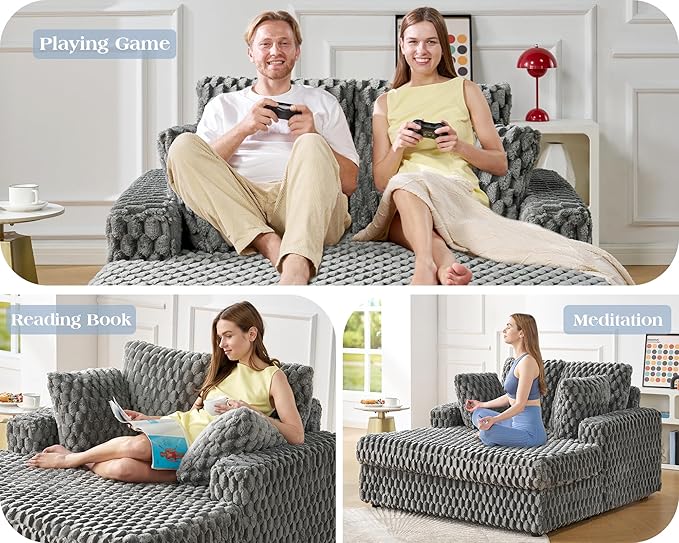 VanAcc 58-Inch Plush Sleeper Chair with Throw Pillows Upholstered Chaise Lounge &amp Sofa Bed with Armrests for Living Room Ash Grey