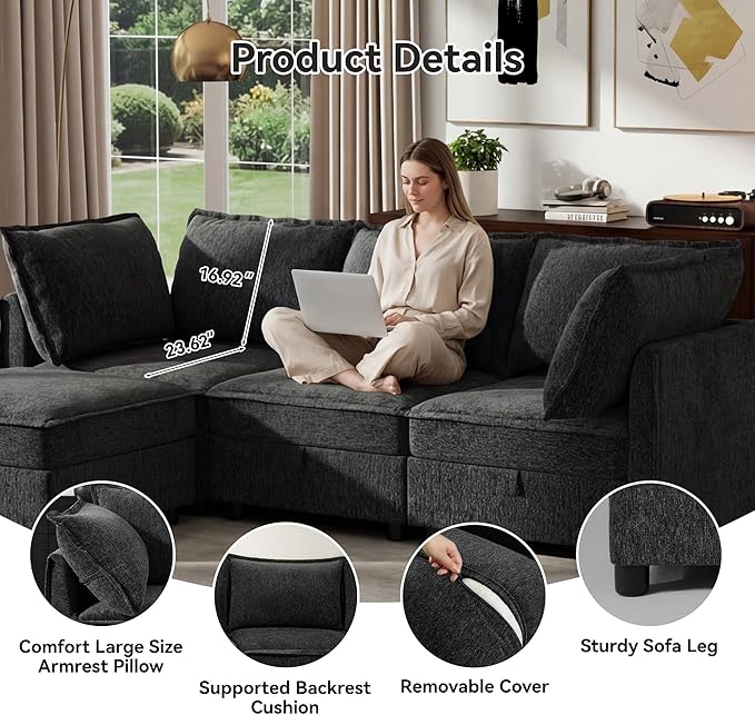 Ihanherry 97.2” Modular Sectional Sofa with Storage L Shaped Couch for Living Room 4-Seat Comfy Chenille Deep Seat Sofa with Movable Ottoman for Bedroom and Apartment Dark Gray