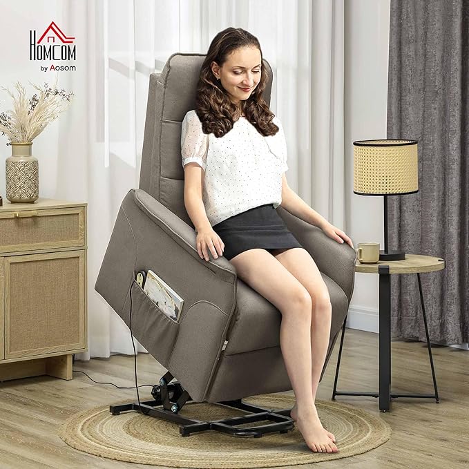 HOMCOM Power Lift Recliner Chair for Elderly Fabric Lift Chair Sofa with Remote Control Side Pockets Pocket Spring Tufted Back Quick Assembly Coffee