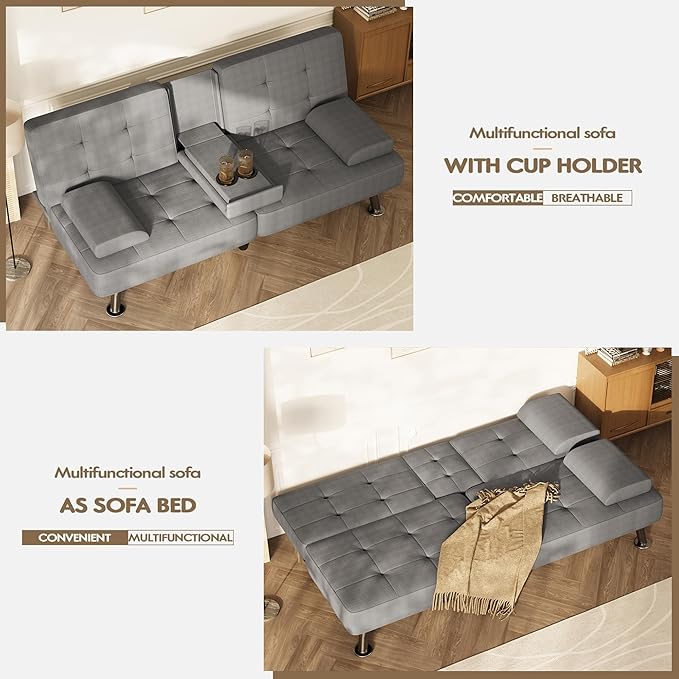 Homall Futon Sofa Bed Futon Couch with Removable Armrests Adjustable Recliner Sleeper Sofa Bed with Dual Cup Holders for Living Room Apartment Office (Fabric Light Grey)