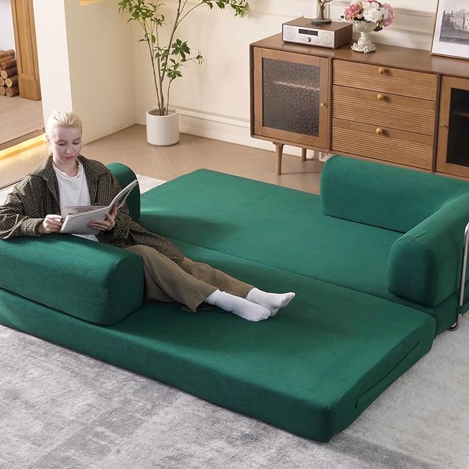 79'' Convertible Sleeper Sofa Bed 3-in-1 Foldable Floor Couch with Corduroy Upholstery No Assembly Loveseat Light Brown Lounge Mattress for Living Room Studio Guest Room (Light Green)