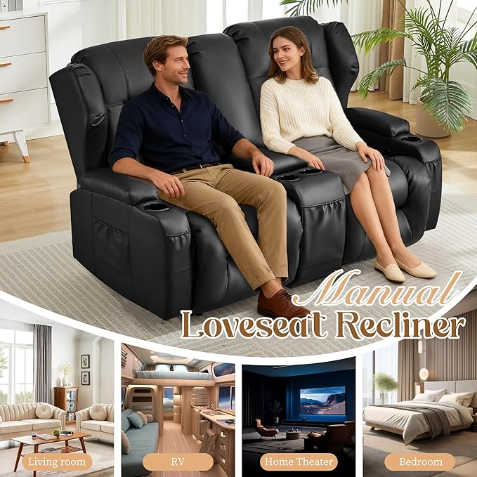 BINGTOO Manual Double Reclining Loveseat Sofa 2-Seater RV Wall Hugger Leather Couch for Living Room &amp Home Theater with Storage Console/Cup Holders/Side Pockets PU Black