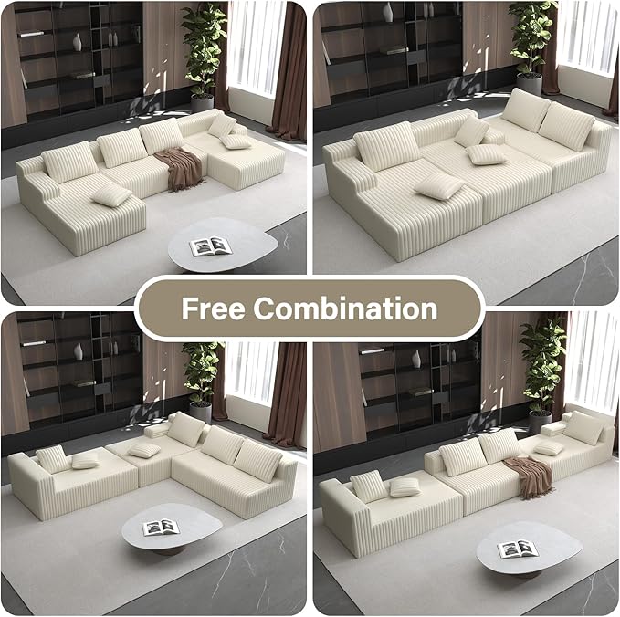 LAUSAINT HOME 132 Modular Sectional Sofa Couches U-Shaped Boneless Cloud Sofa with 4 Deep Seat 6 Cushiones Oversized Chaise for Living Room Bedroom Plush Corduroy Fabric (U Shaped Sofa Beige)