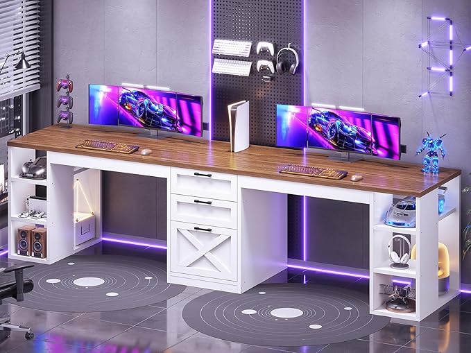 SEDETA Farmhouse 96.5 Computer Desk with Drawers 2 Person Home Office Desk Gaming Double Desk with Storage Shelves Long Two Person Writing Desk (White and Brown)