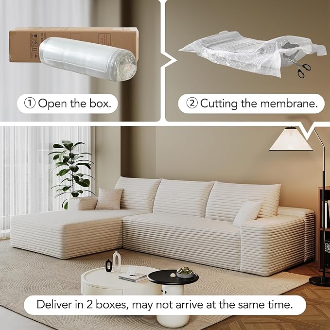 107.7 Boneless Sectional Couch Modern Modular L - Shape Corduroy Upholstered Sofa for Living Room - Deep Seat with Chaise (White 2 Seater+Left Facing Chaise)
