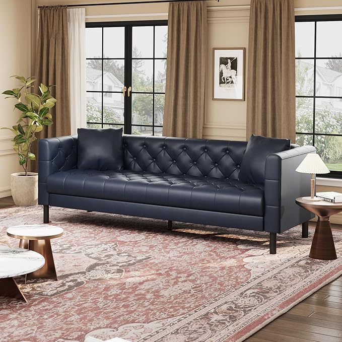 81 Button-Tufted Leather Sofa Mid-Century Modern Chesterfield 3 Seater with Deep Seat and 2 Pillows Ideal Leather Couch for Living Room Apartment and Office Use (Dark Blue)