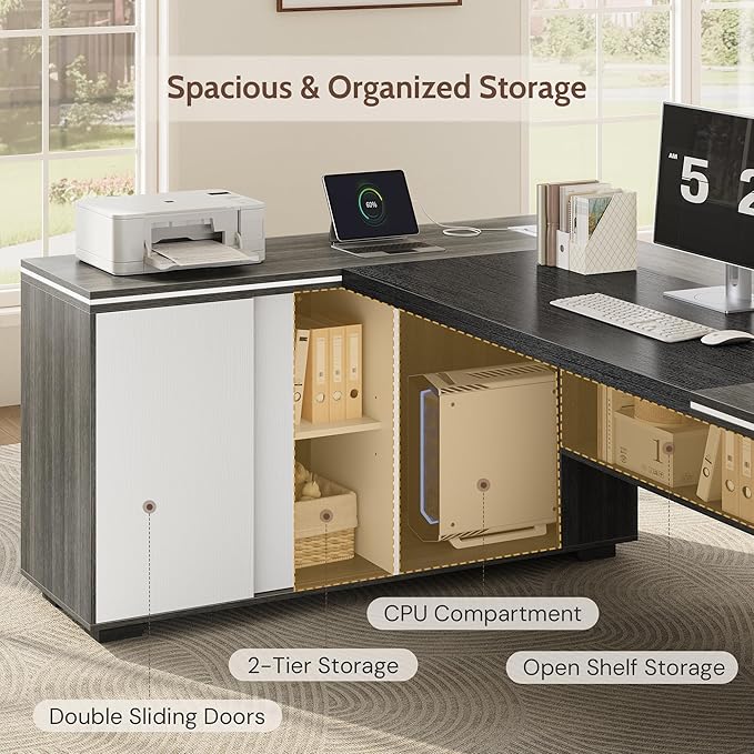 71 L-Shaped Executive Desk with Cabinet Storage Large Office Computer Desk with Storage Shelves Under-Desk Bookshelf CPU Stand Cable Management Business Furniture Workstation (Gray)